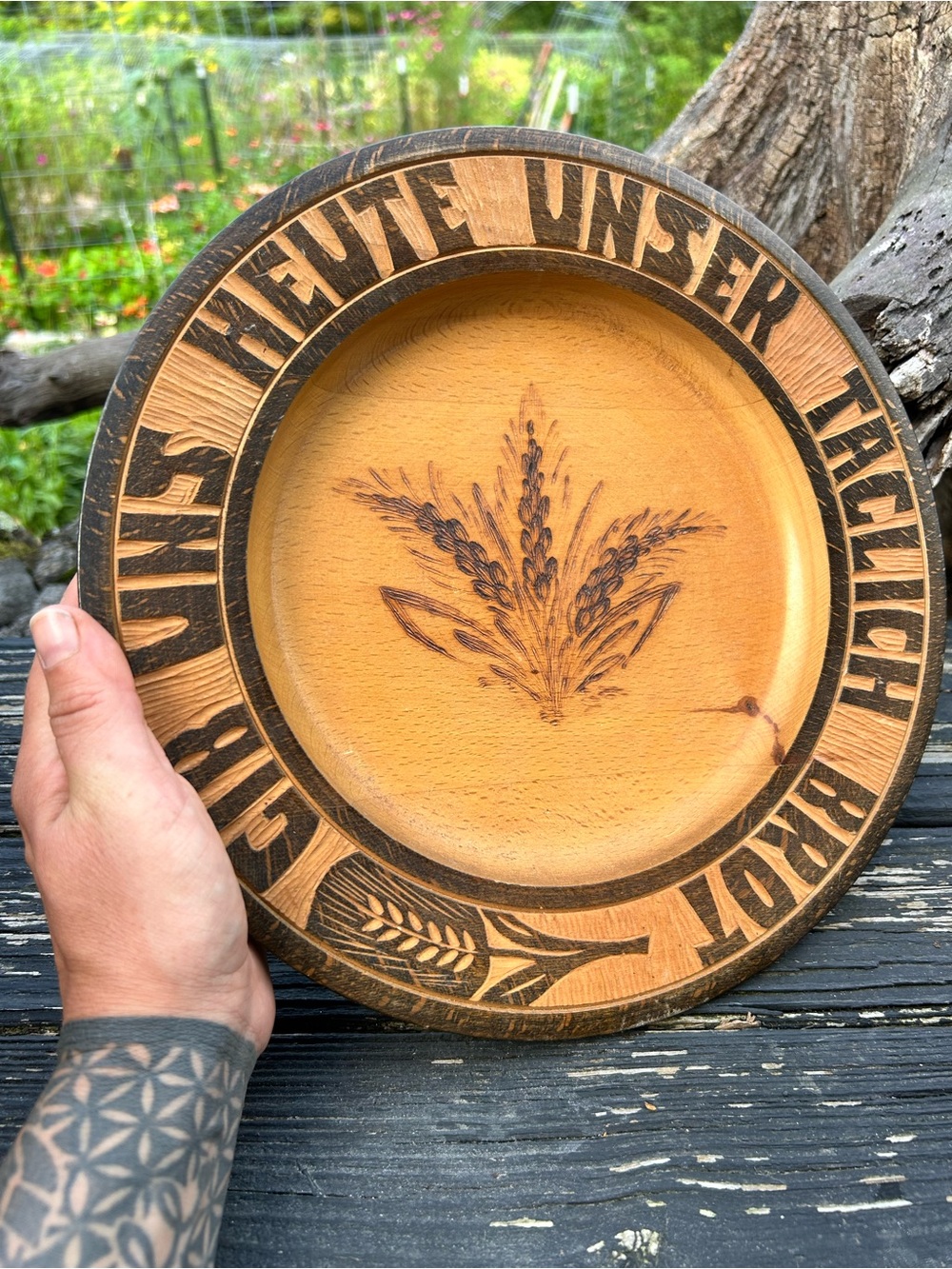 Vintage German Wood Bread Plate Daily Bread Pyrography Südtirol Folk Art